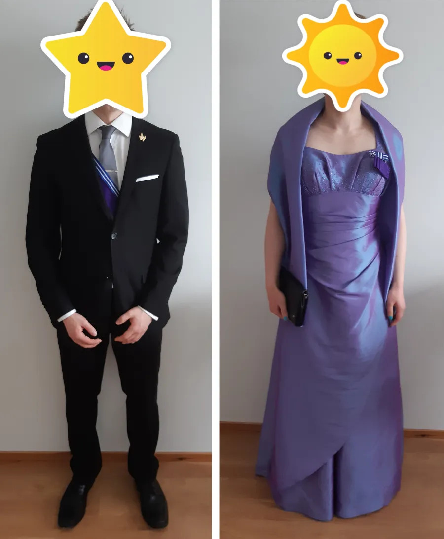 Esimerkki tummasta puvusta (vasen) sekä iltapuvusta (oikea).